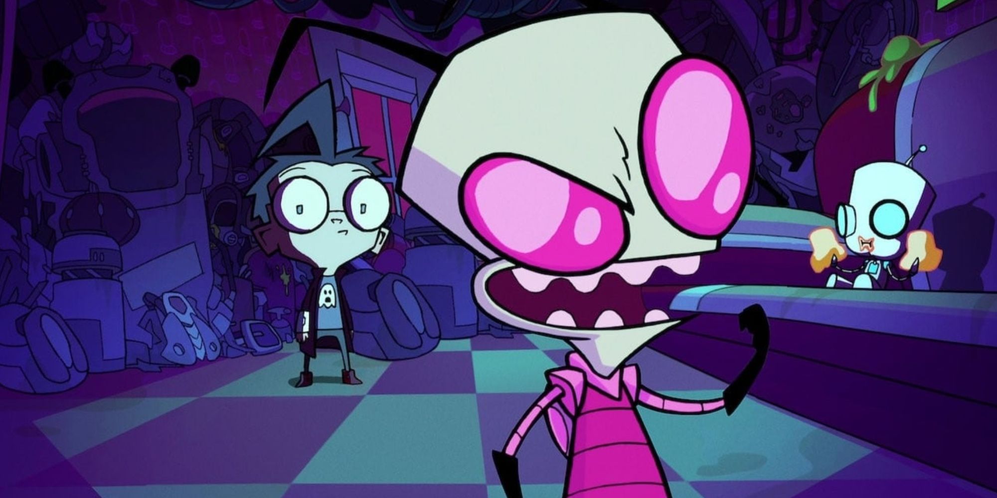 Zim laughing as two characters watch in the background in Invader Zim.