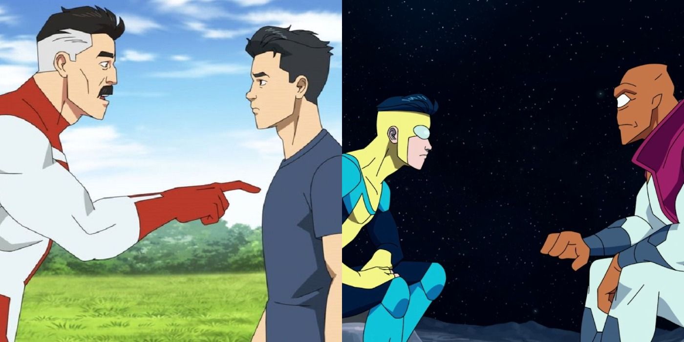 Split image Omni Man and Mark and Invincible and Allen the Alien