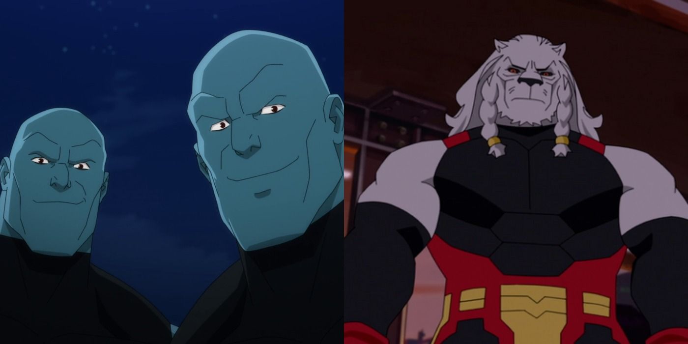 Split image of the Mauler Twins and Battle Beast the Invincible villains