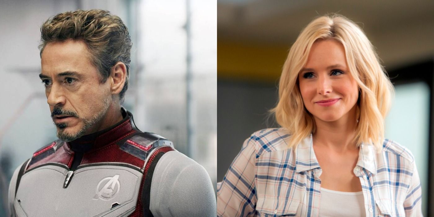 Split image Robert Downey Jr. Tony Stark in Iron Man and Kristen Bell as Eleanor in The Good Place