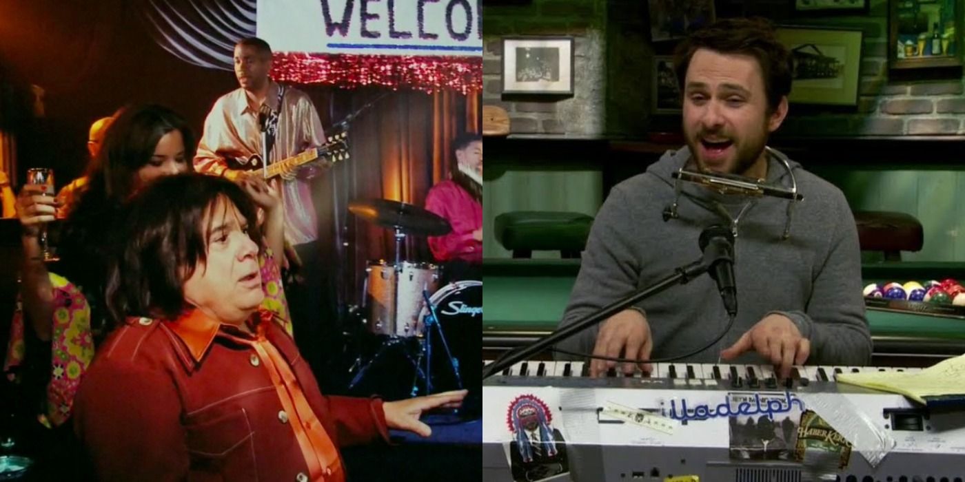 Split image Frank with hair and Charlie singing in It's Always Sunny