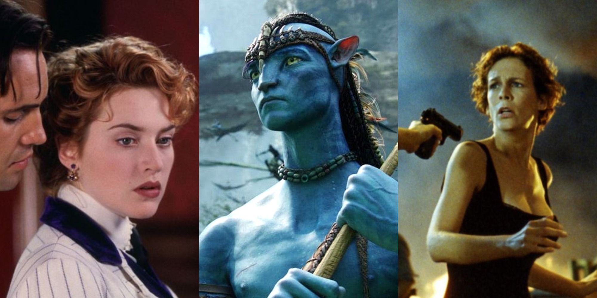 Split image of the James Cameron-directed movies Titanic, Avatar, and True Lies.