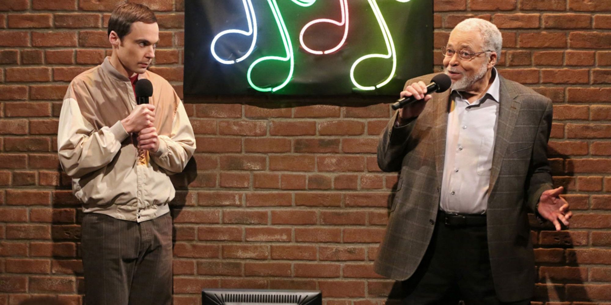 James Earl Jones and Sheldon at a karaoke in The Big Bang Theory