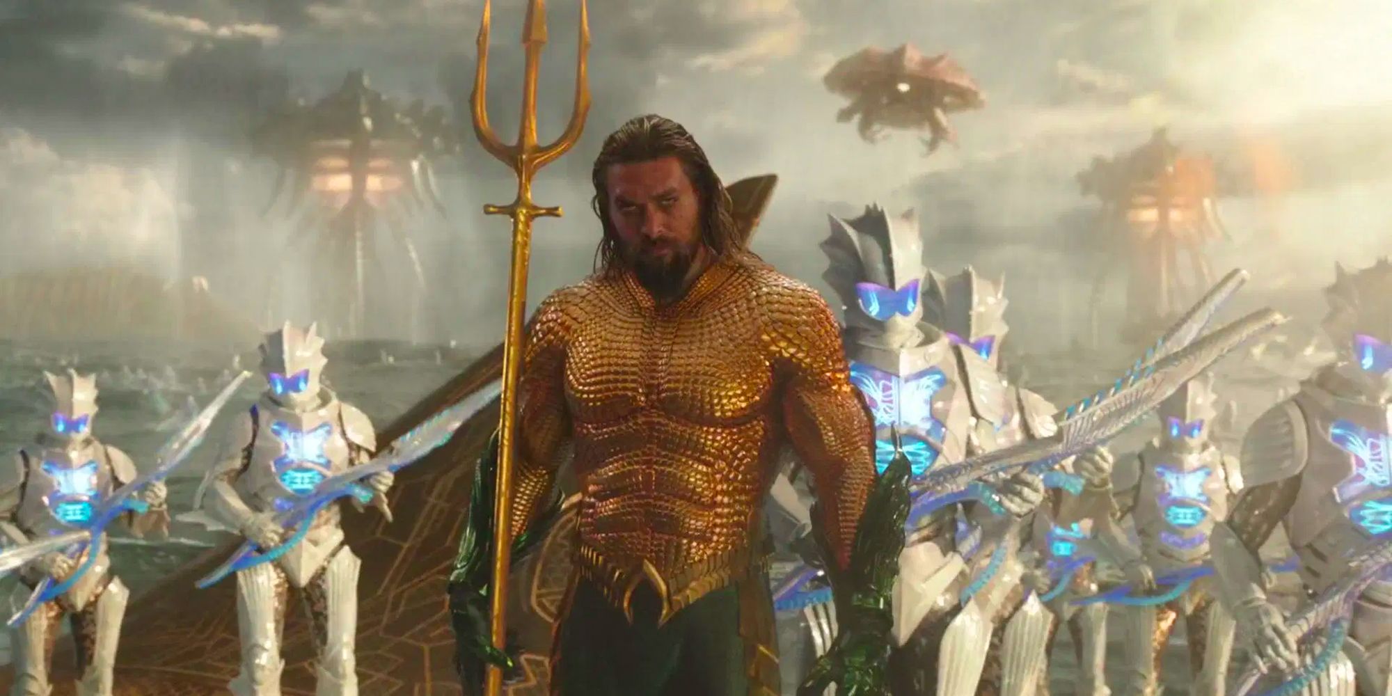 The DCEU iteration of Aquaman comes ashore alongside his Atlantean warriors 
