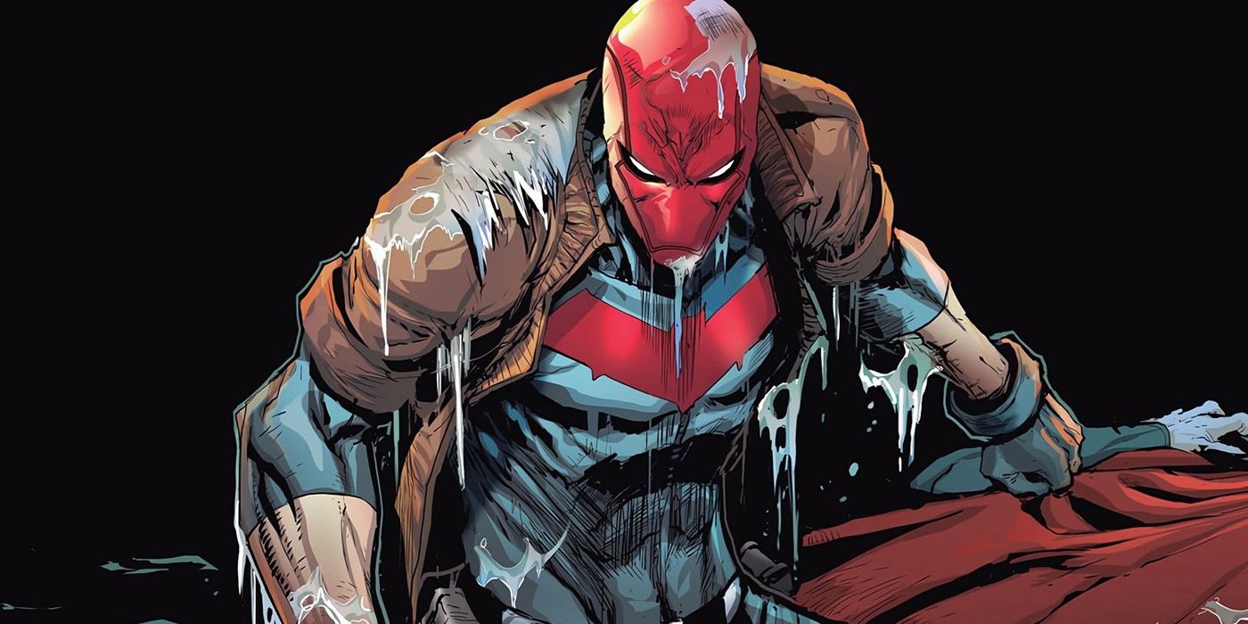 Jason Todd as Red Hood sitting on his motorcycle.