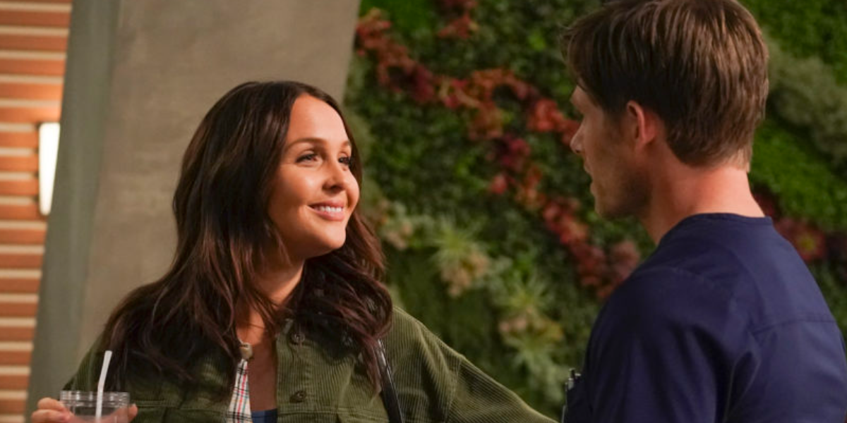 Jo smiles at Link after he showed up at her house to spend time with her after her breakup with Alex in Grey&rsquo;s Anatomy.
