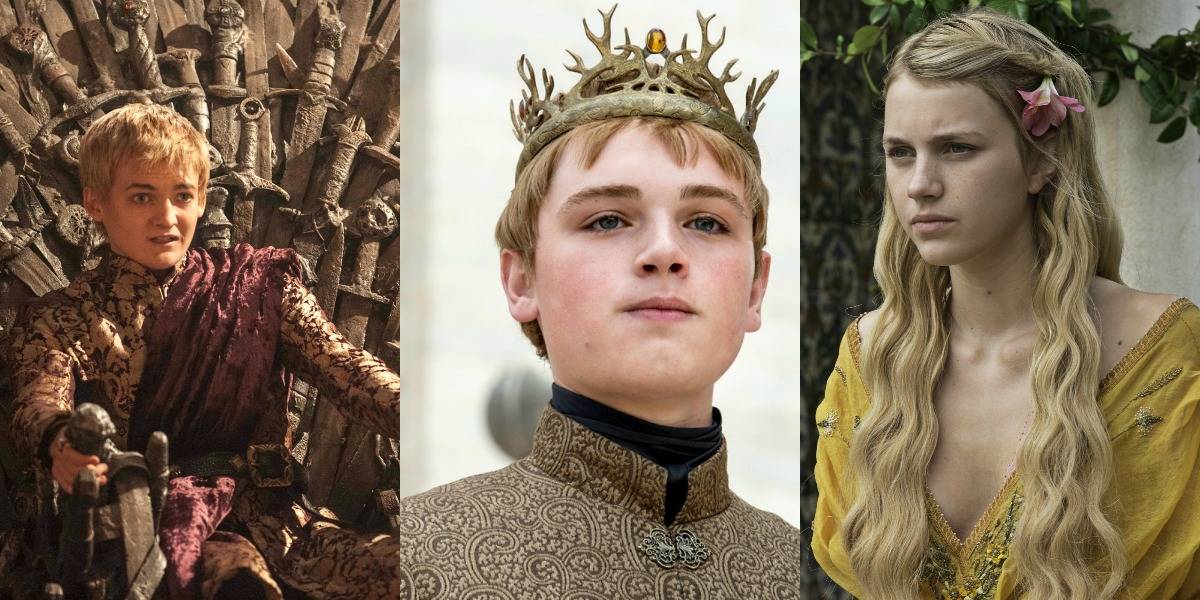 Imagem dividida mostrando Joffrey, Tommen e Myrcella