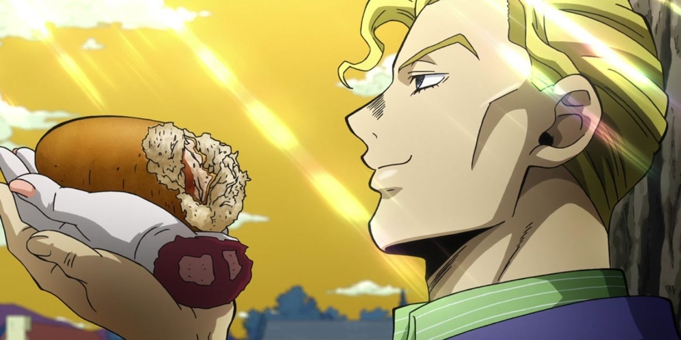 Yoshikage Kira holding a severed hand holding a sandwich and smiling in Jojo's Bizarre Adventure.
