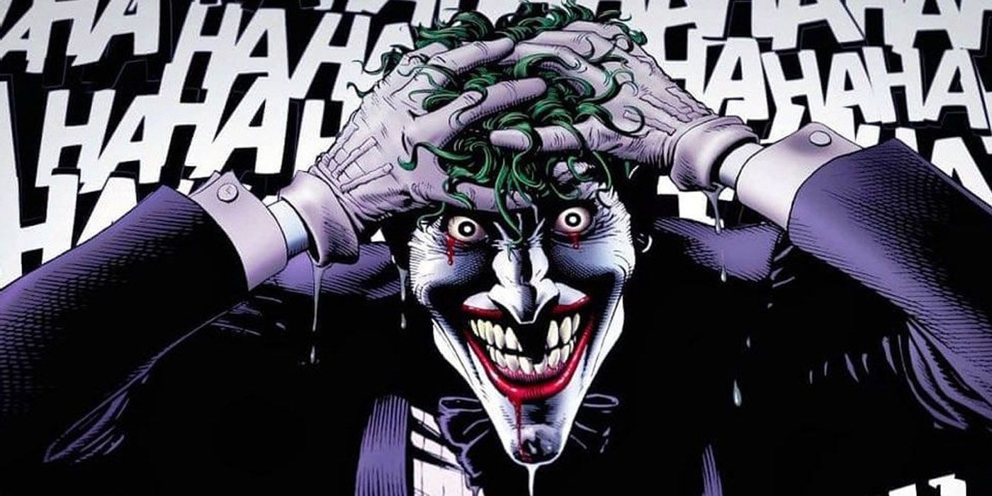 Joker laughing and clutching his green hair in The Killing Joke.