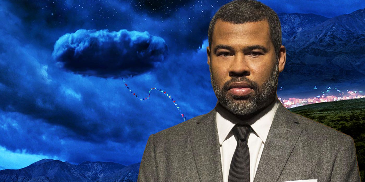 Jordan Peele in front of a cloud image from Nope