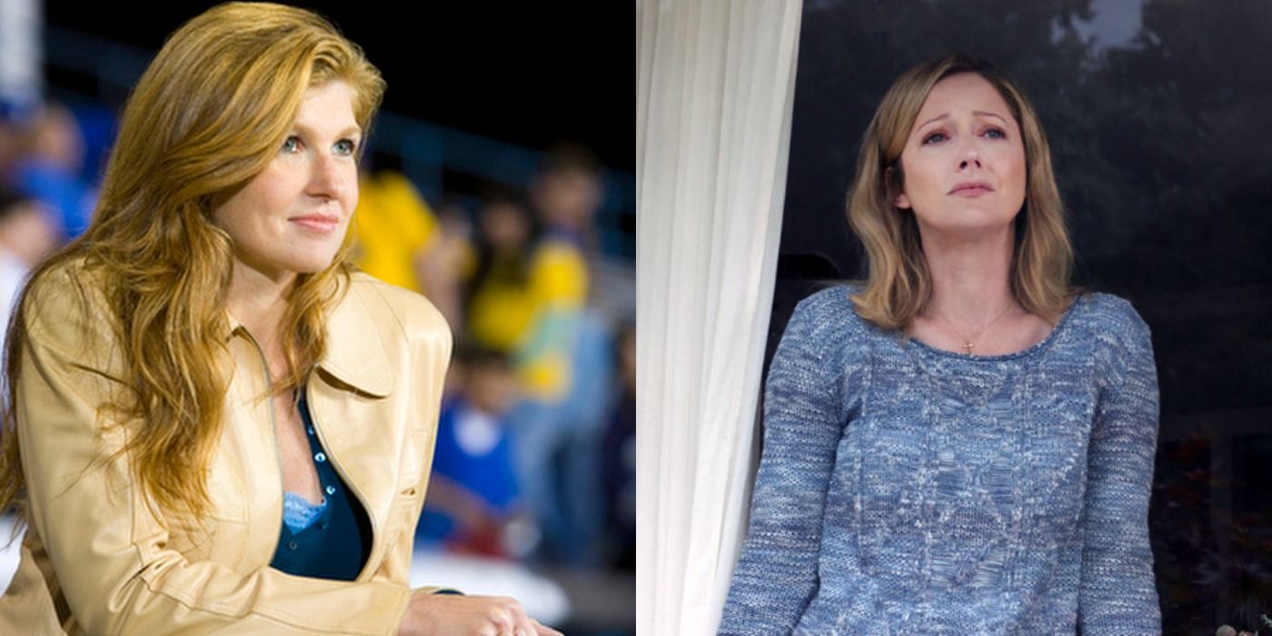 Split image Connie Britton as Tami Taylor Friday Night Lights and Judy Greer in 15:17 to Paris