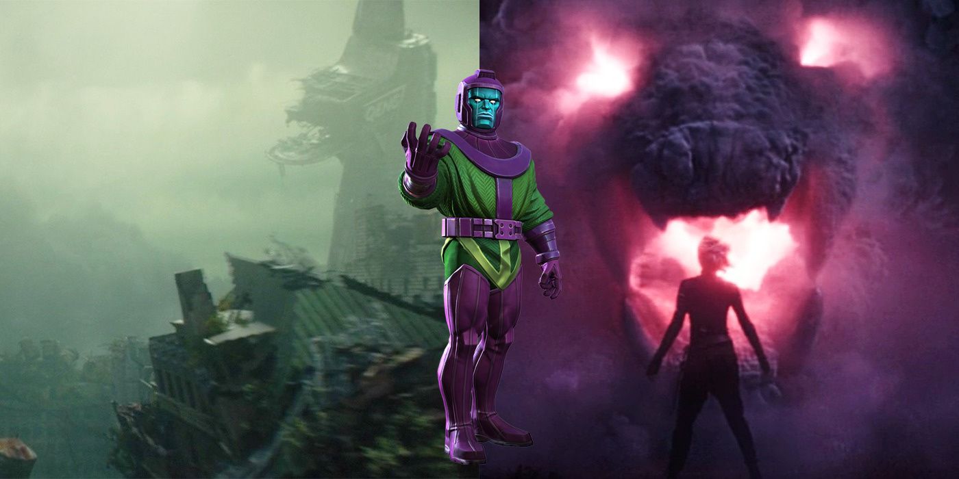 Split image of Qeng Tower in MCU, Kang The Conqueror from comics, and Sylvie confronting Alioth in Loki