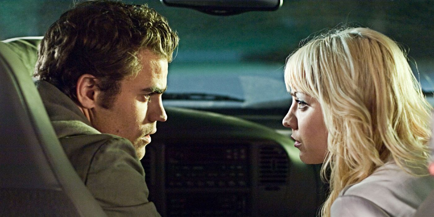 Paul Wesley's Jake and Kaley Cuoco's Blanca talk in a car's front seats in Killer Movie
