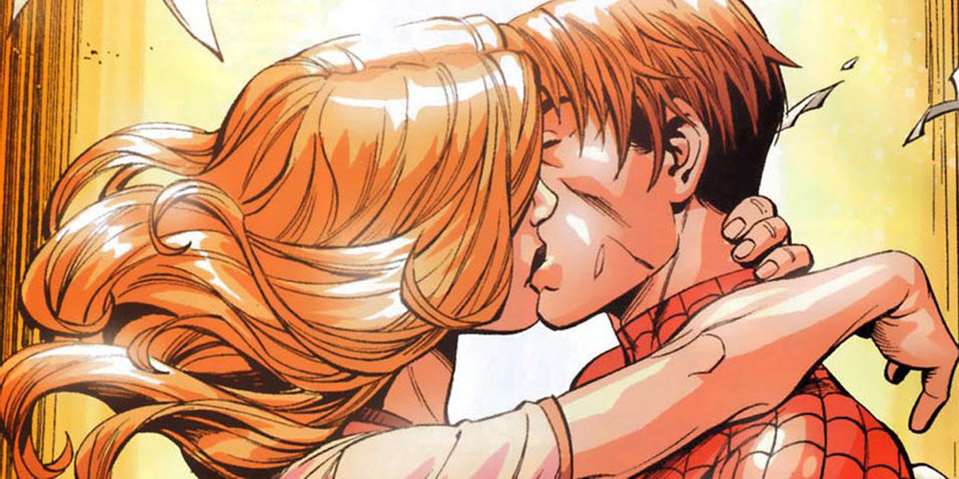 Kitty Pryde kissing Ultimate Spider-Man in the comics.
