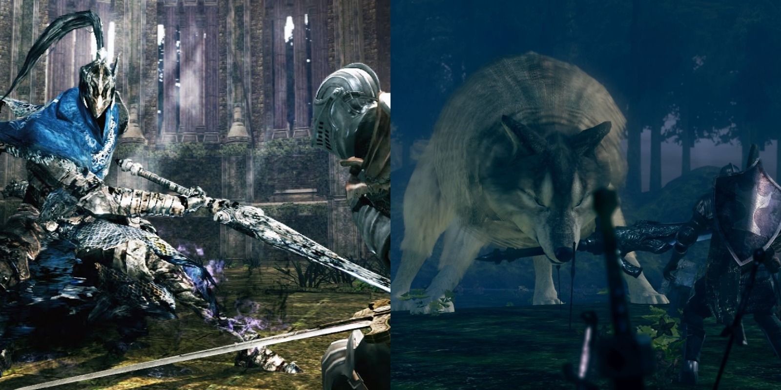 The player fighting Artorias the Abysswalker and Great Grey Wolf Sif in Dark Souls.