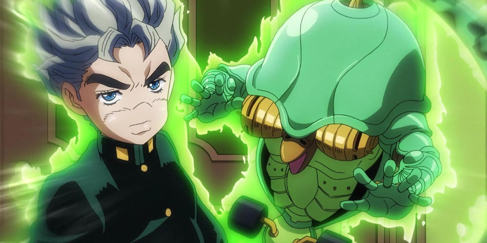 Koichi Hirose with a green creature in Jojo&rsquo;s Bizarre Adventures.