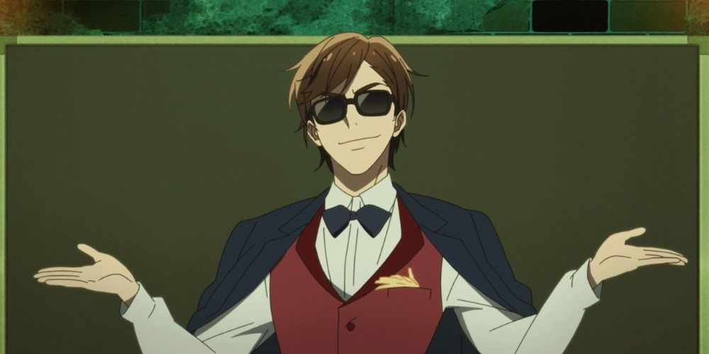 Kotaro Tatsumi from Zombie Land Saga smirking and holding his arms out to the sides