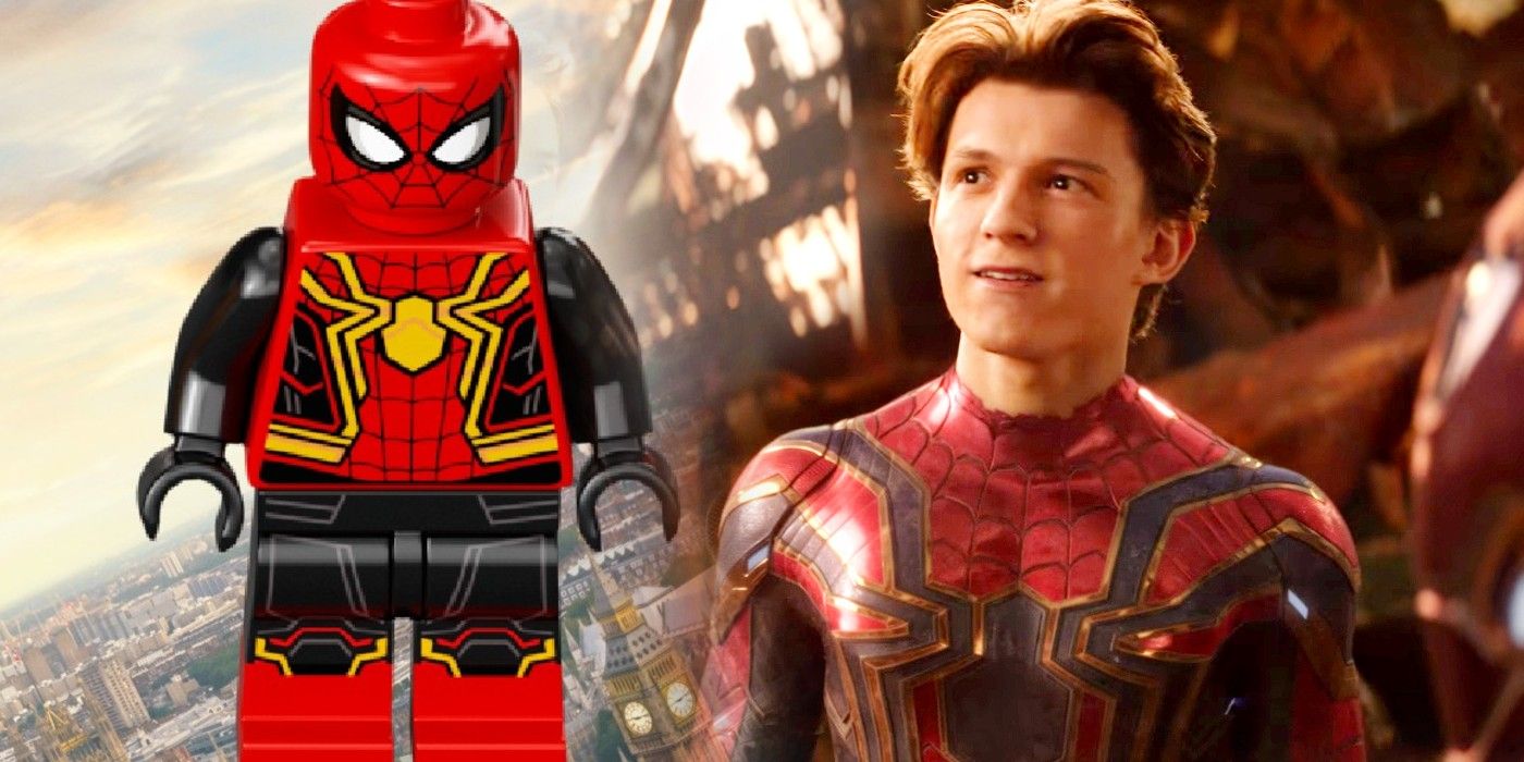 LEGO No Way Home suit and Tom Holland as Peter Parker Spider-Man in Avengers Infinity War