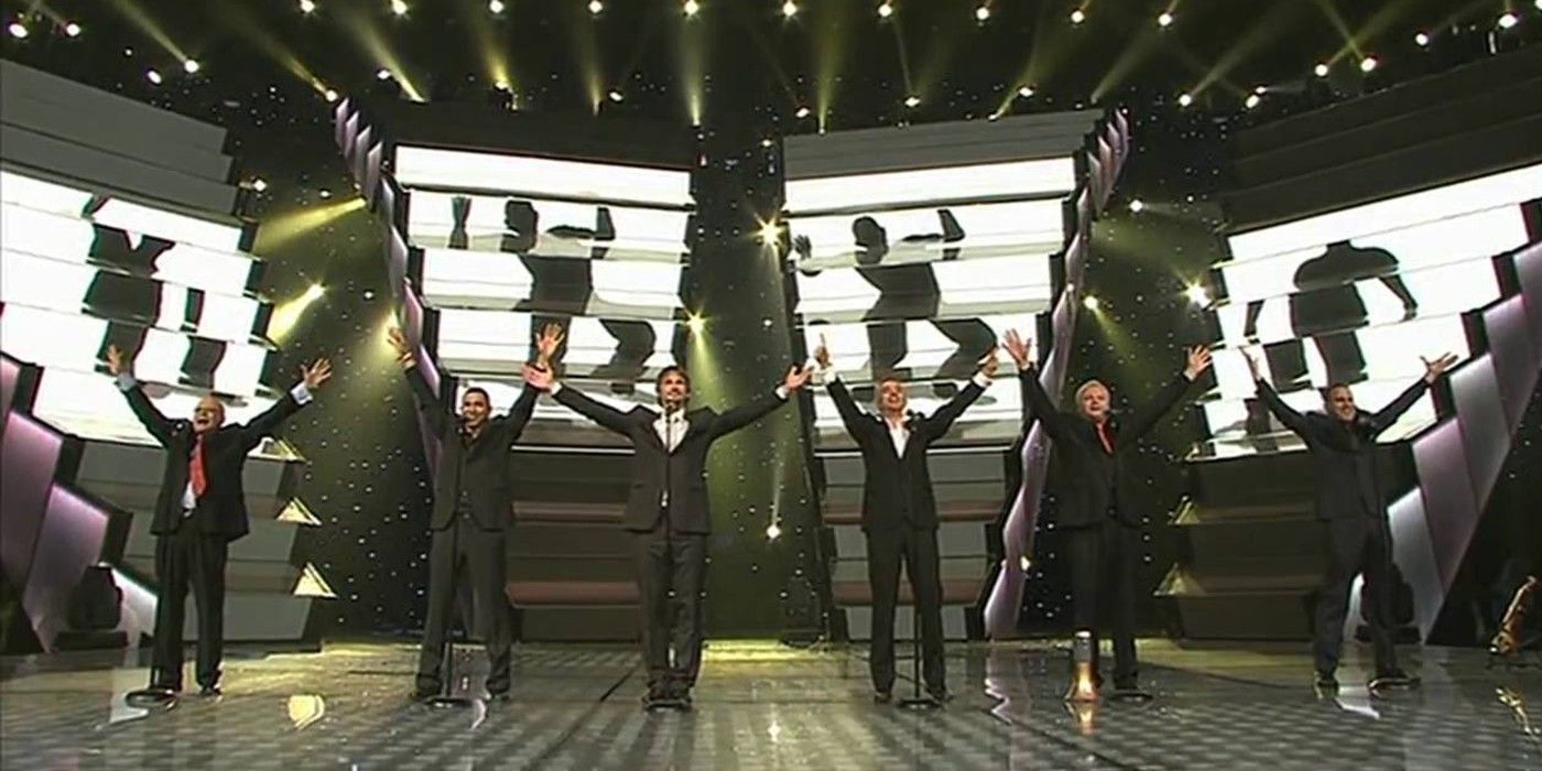 The suited LT United sing together on stage at Eurovision