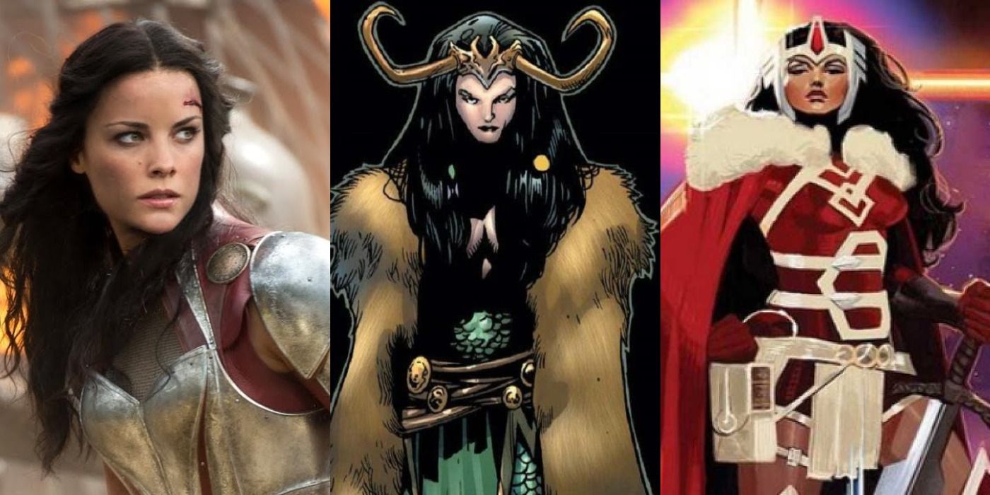 Split image of Lady Sif from MCU, Lady Loki from comics, and Sif from Marvel Comics