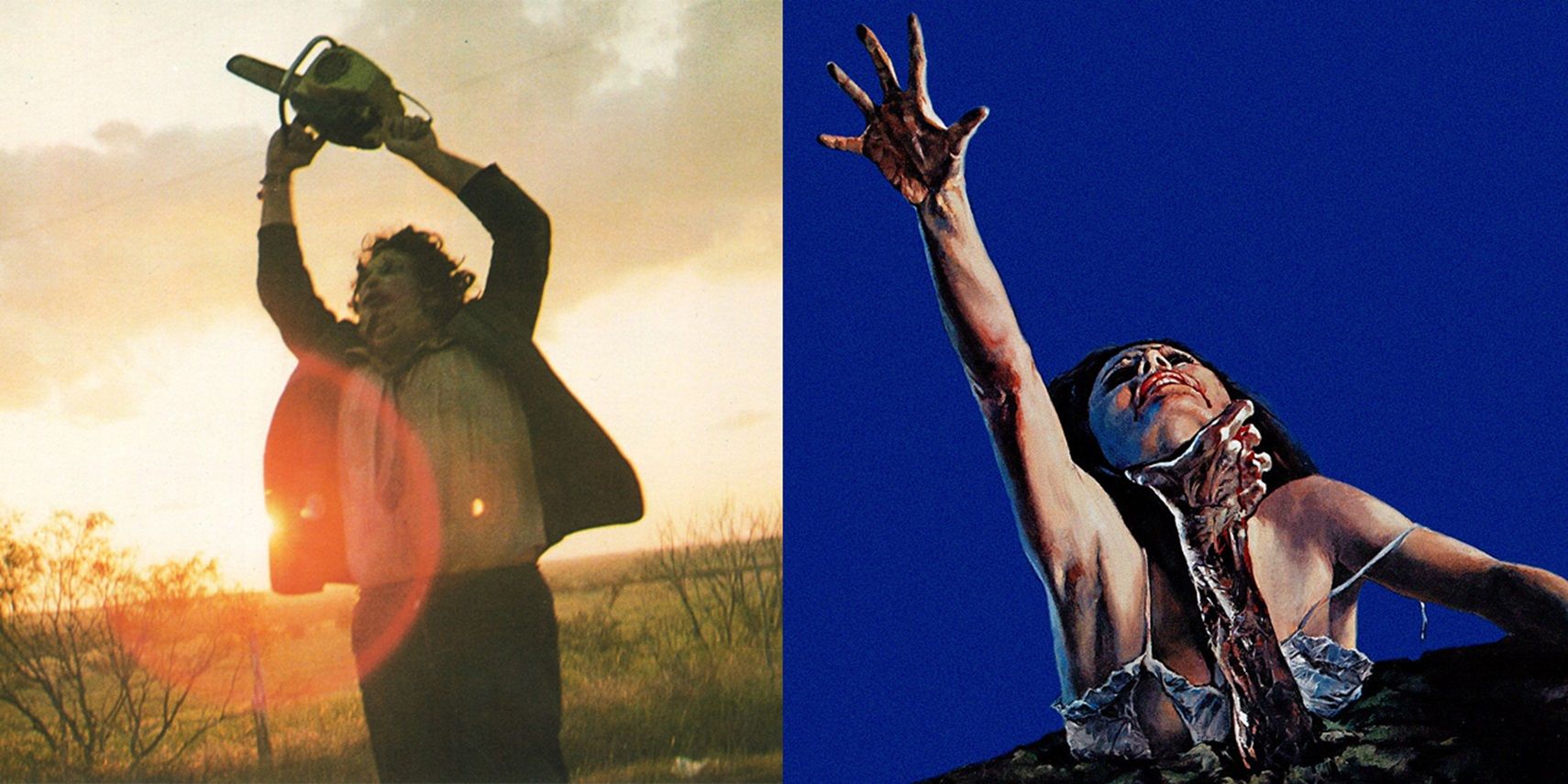 Leatherface in The Texas Chain Saw Massacre and the poster for The Evil Dead