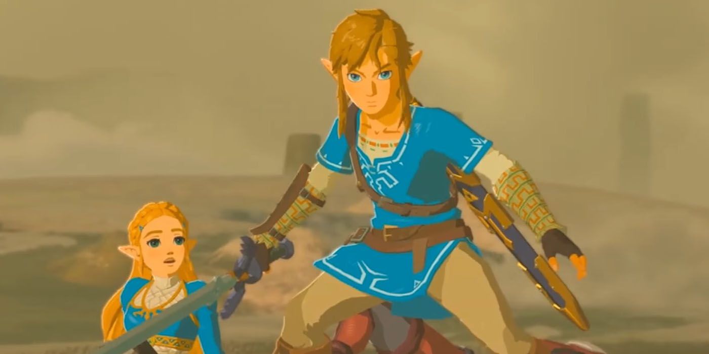 Link protecting Zelda in Legend Of Zelda Breath Of The Wild