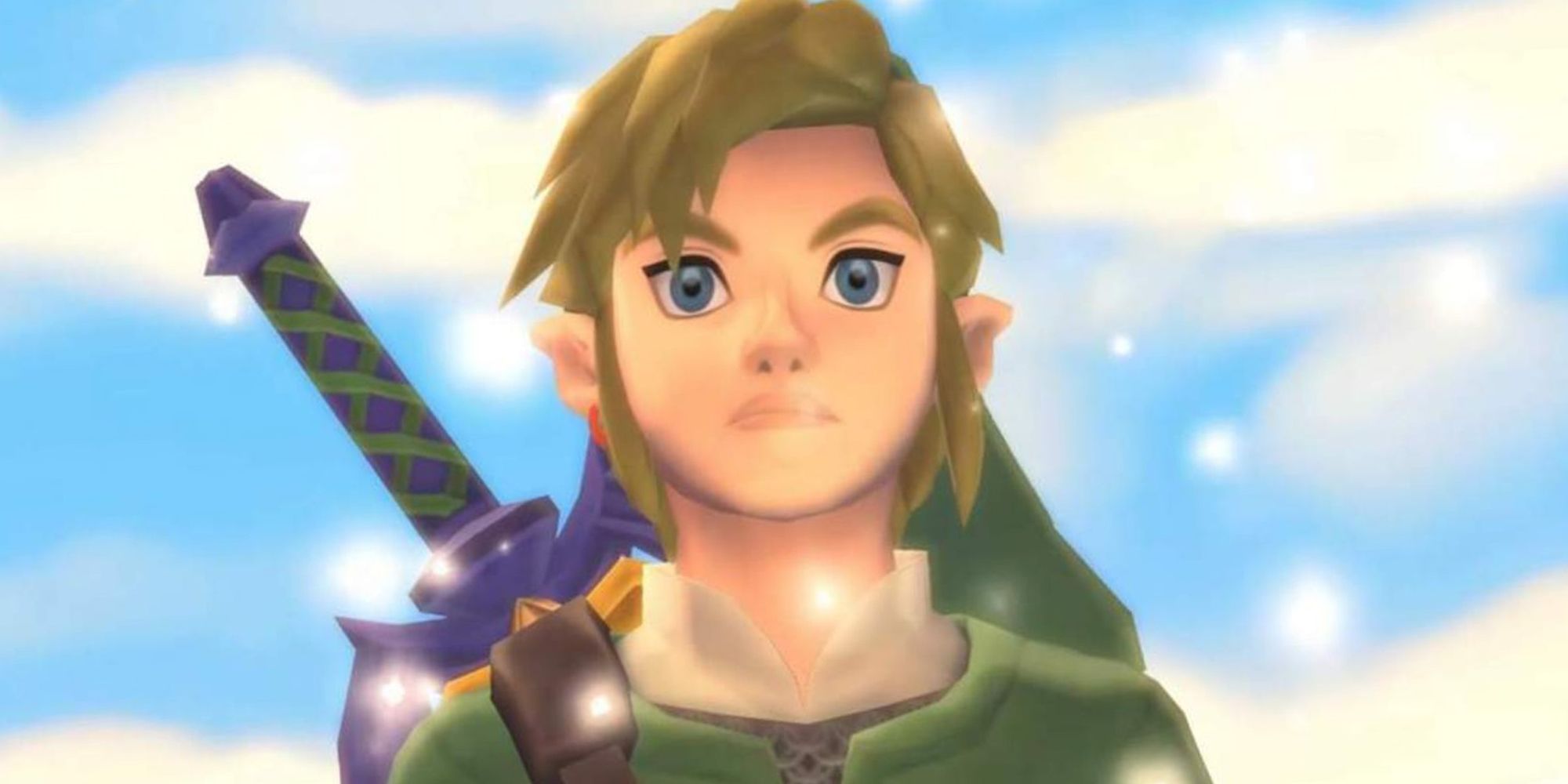 Link standing beneath a ray of light in Legend of Zelda Skyward Sword 