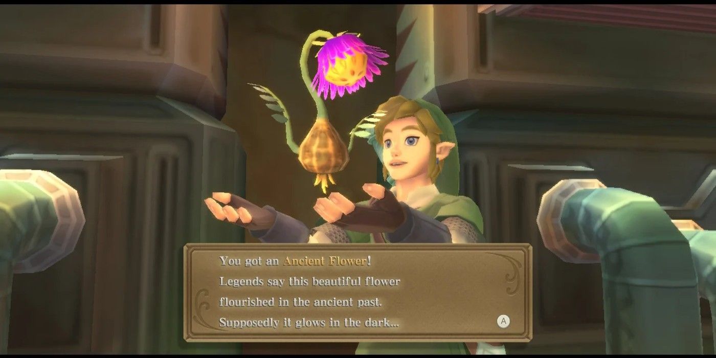 Link holding up an ancient flower with a description underneath in Skyward Sword HD