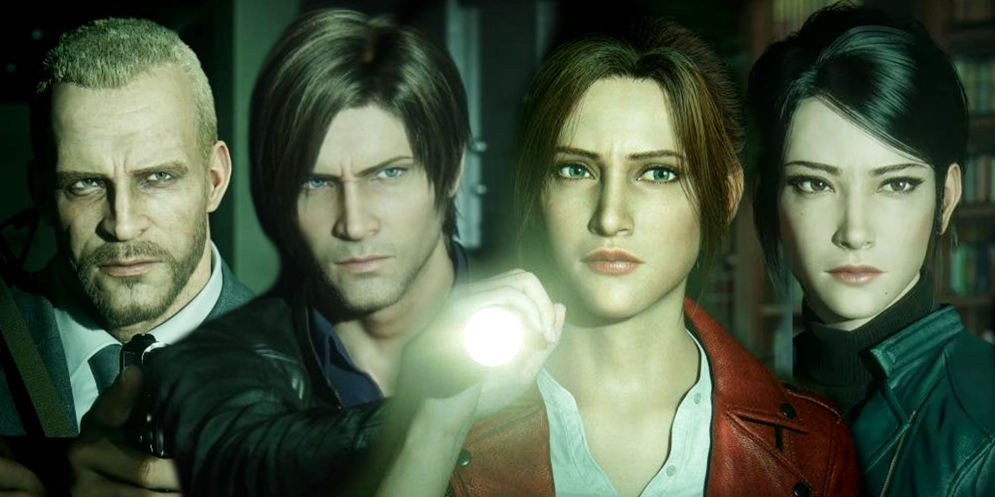 Leon Kennedy, Claire Redfield, Shen May, and Jason in Resident Evil: Infinite Darkness