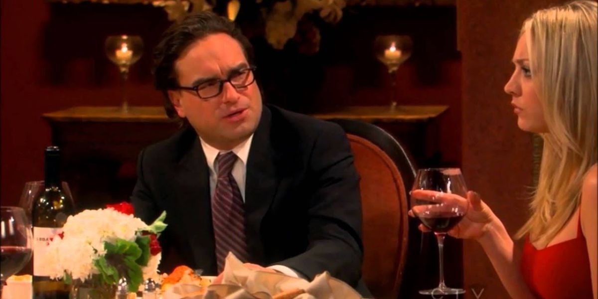 Penny and Leonard at a restaurant in The Big Bang Theory