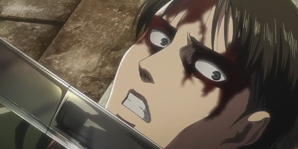 Levi Ackerman from Attack on Titan with blood on his eyes and forehead looking scared