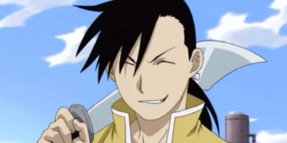 Ling Yao from Fullmetal Alchemist Brotherhood smiling with a sword resting on his shoulder.