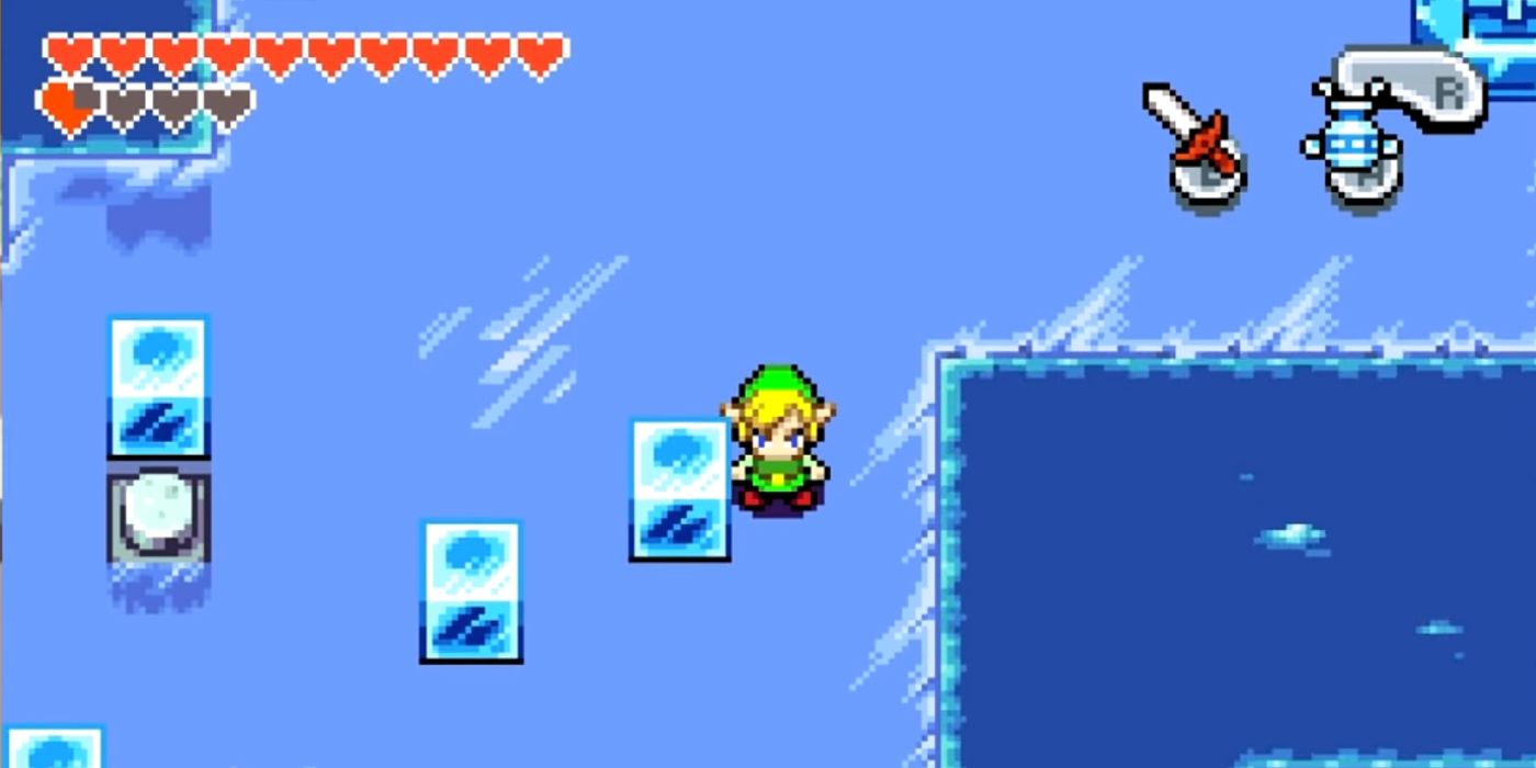 Link standing on an icy platform in the Temple Of Droplets in The Legend Of Zelda The Minish Cap