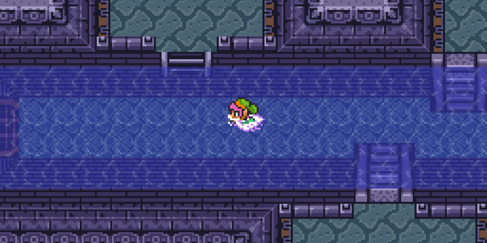 Link swimming through the trench of the Swamp Palace in The Legend Of Zelda: A Link To The Past