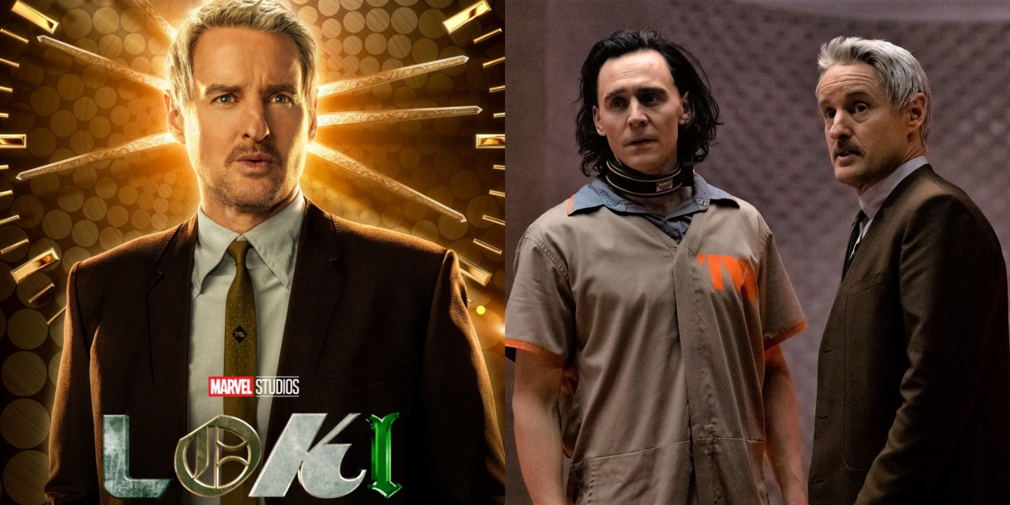 Split image of Mobius on a Loki poster and Mobius standing next to Loki