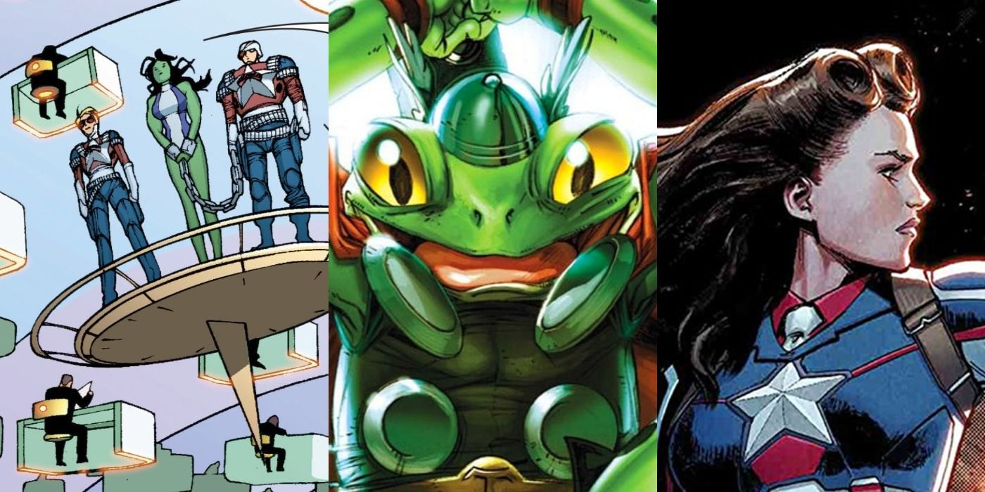 Split image of She-Hulk on trial at TVA, Throg, and Captain Carter from Marvel Comics