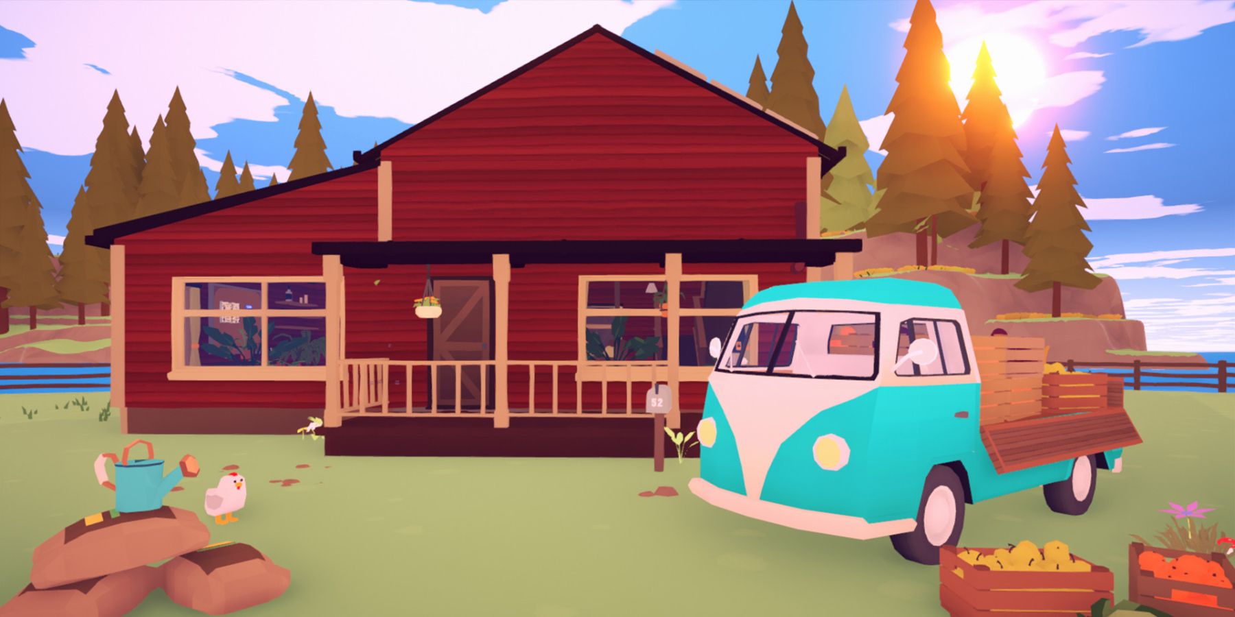 Lonefarm image showcasing the player's house and their van