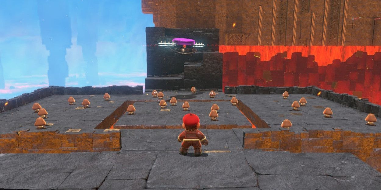 Mario approaching a crowd of goombas