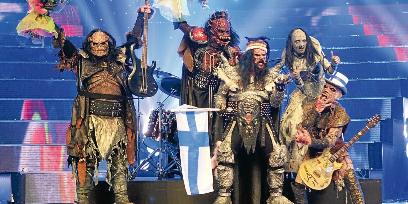 The masked band Lordi celebrating their Eurovision victory on stage