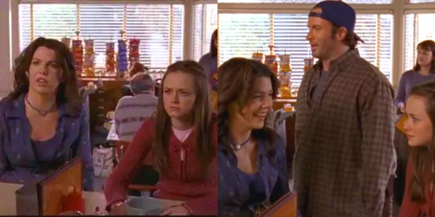 Lorelai and Rory at Luke's Diner sipping coffee on Gilmore Girls
