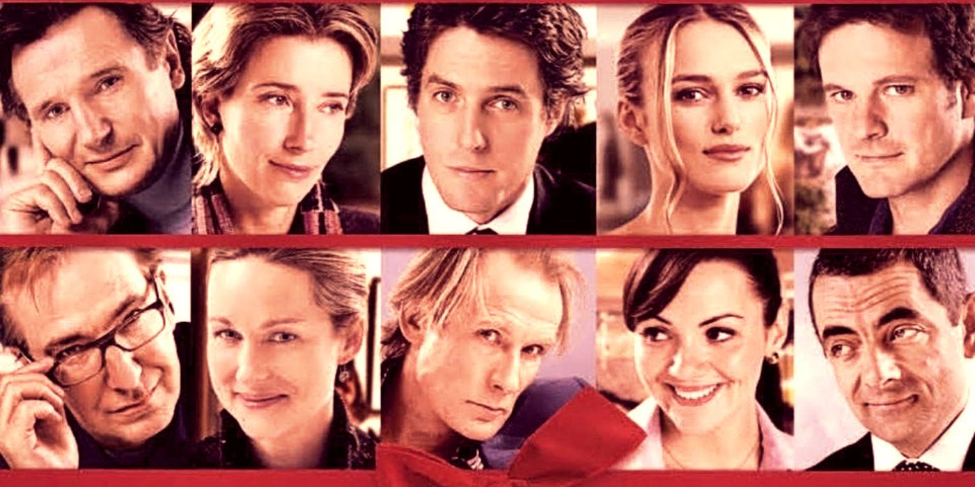 A grid image of the main characters in the ensemble cast from Love Actually.