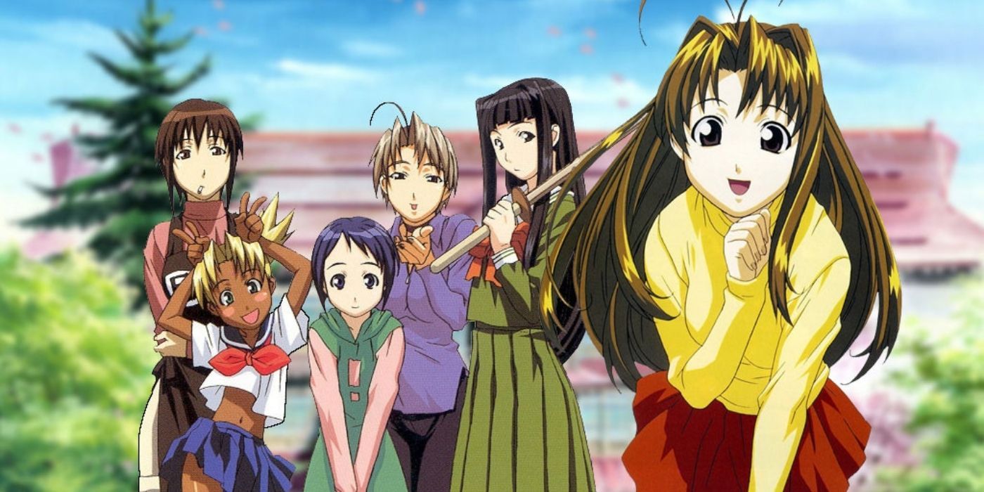 The characters from Love Hina posing together and smiling for the camera.