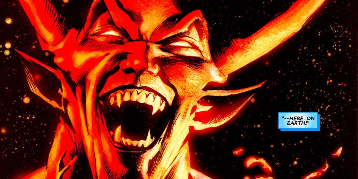 Marvel's Ghost Rider villain Lucifer in all red laughing with fangs bared.