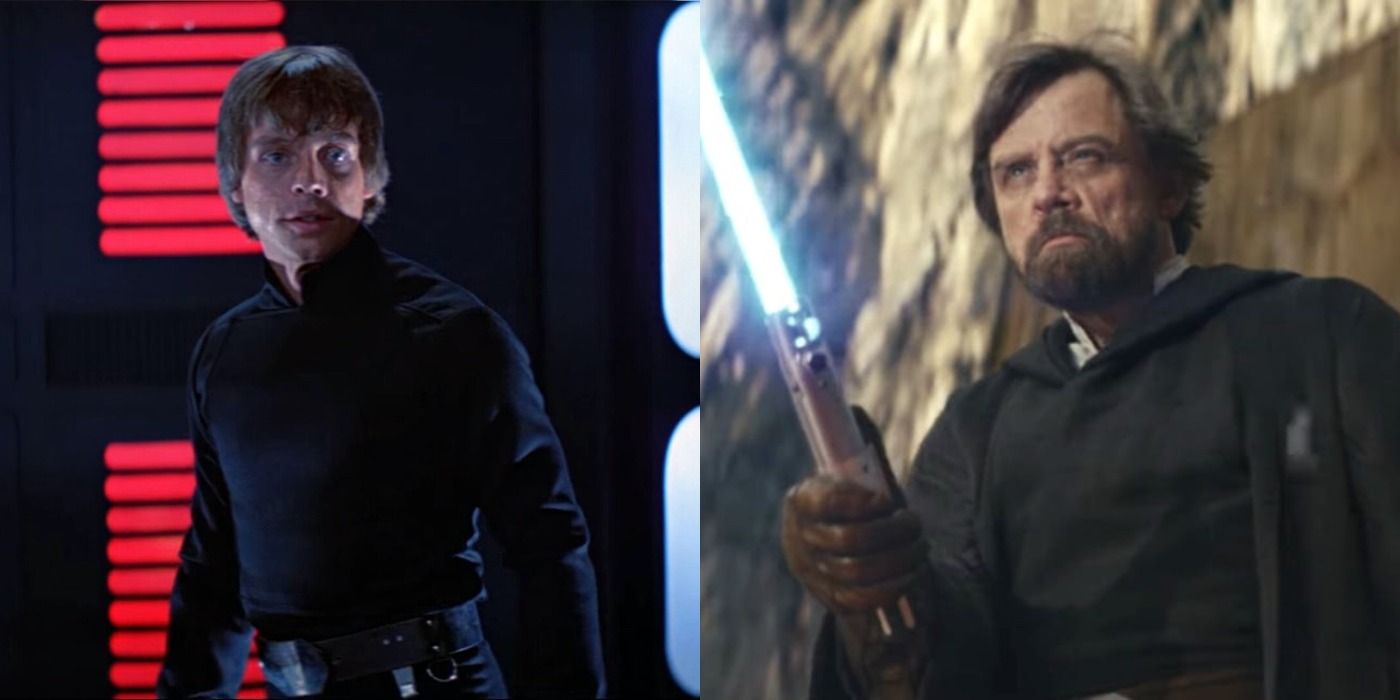 Split screen image of Luke Skywalker from the Star Wars original trilogy and sequel trilogy