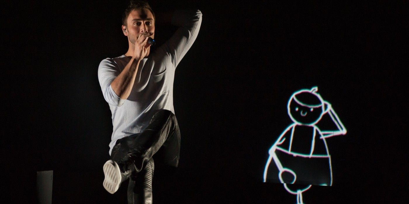 Måns Zelmerlöw performs at Eurovision with a small character made of light