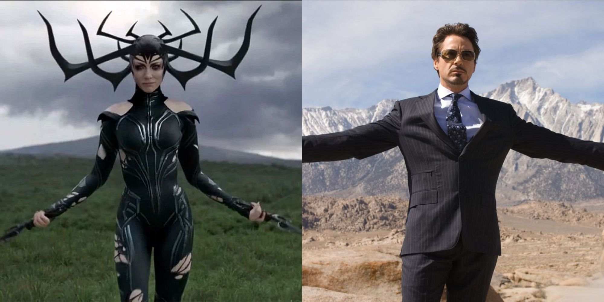 A split image of Hela on the battlefield in Thor: Ragnarok and Tony in the desert in the Iron Man