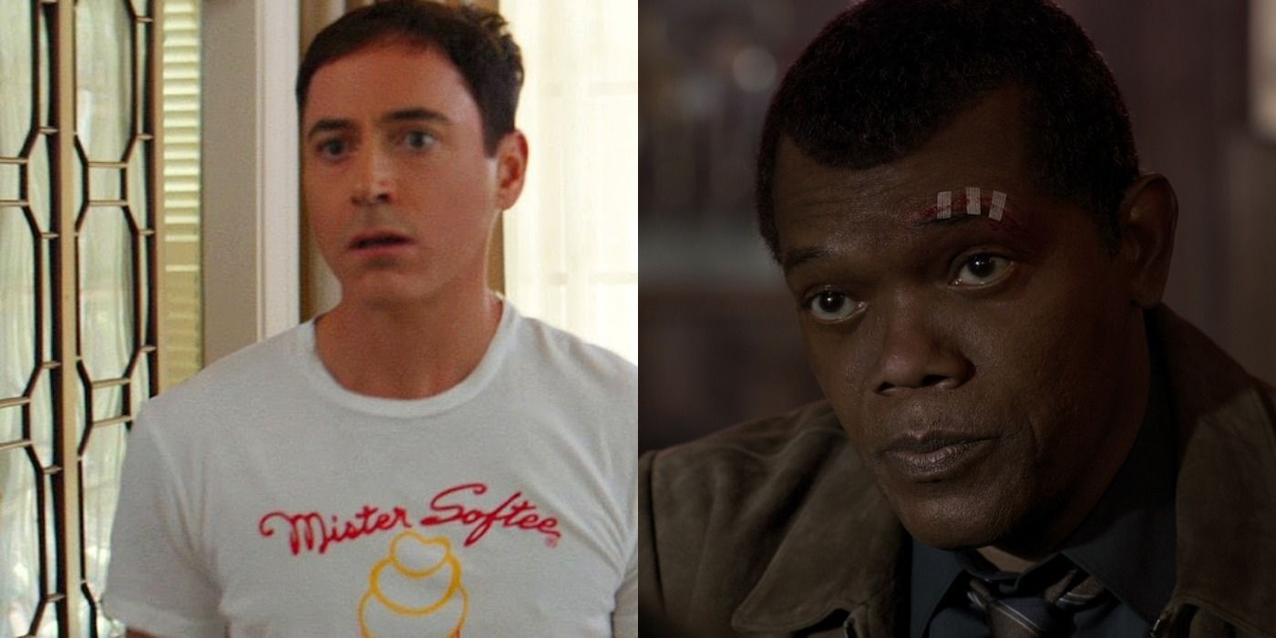 Split image of young Tony Stark In Captain America Civil War and Nicky Fury in Captain Marvel.