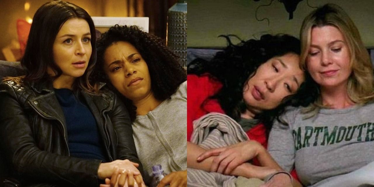 A split image of Maggie and Amelia hugging on the couch and Meredith and Cristina hugging in Grey's Anatomy