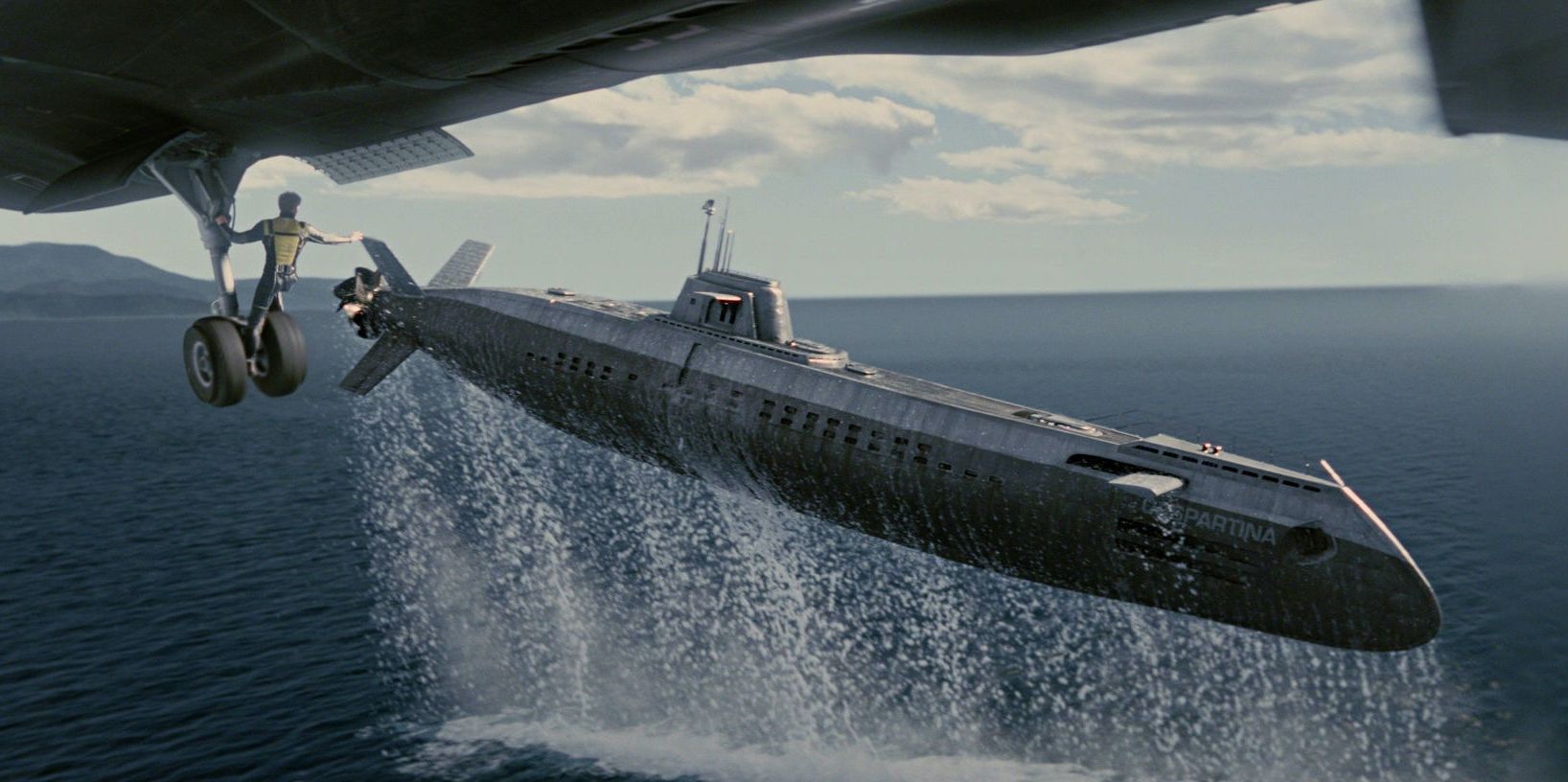 Magneto lifts the submarine from the water in X-Men First Class