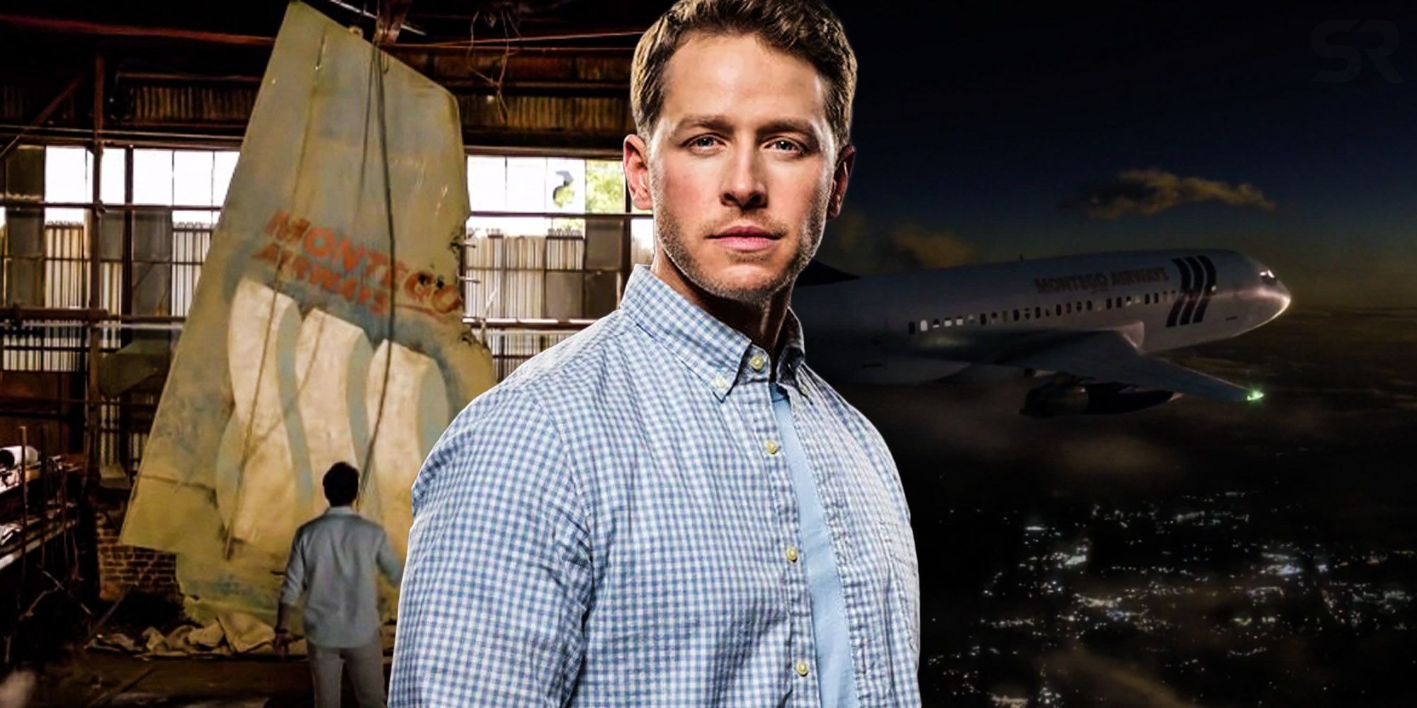 Ben standing in front of a tailfin in a warehouse and Flight 828 in the air in Manifest.
